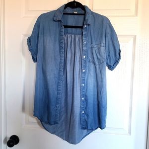Chambray Denim Short Sleeve Button Up Blouse
